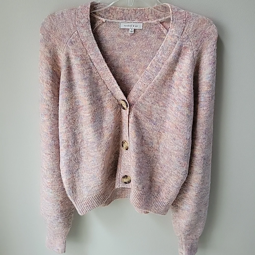 Hooked Up Pink Space Dyed Cropped Vneck Cardigan‎ Womens Size Small Multi Color